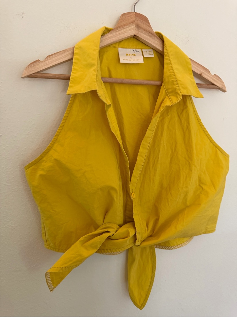 Anthropologie Bright Yellow Tie-Front Crop Top Maeve mustard - Picture 2 of 5